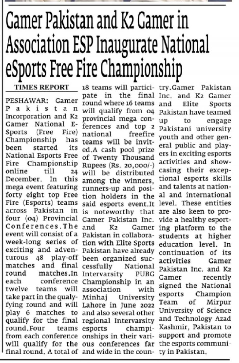 Gamer Pakistan and K2 Gamer in Association ESP Inaugurate National eSports Free Fire Championship